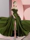 Off The Shoulder Sleeveless Prom Evening Gown Sweep Train Beading Olive Green Elastic Woven Satin