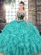 Sleeveless Organza Sweep Train Lace Up Sweet 16 Dress in Turquoise with Embroidery and Ruffles