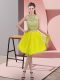 Yellow Organza Backless Halter Top Sleeveless Knee Length Dress for Prom Beading