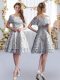 Grey A-line Off The Shoulder Short Sleeves Lace Knee Length Zipper Dama Dress for Quinceanera