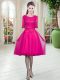 Fitting Half Sleeves Tulle Knee Length Lace Up in Fuchsia with Lace