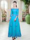Discount 3 4 Length Sleeve Floor Length Lace Lace Up Prom Gown with Blue