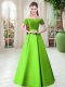 Short Sleeves Satin Floor Length Lace Up Homecoming Dress in with Belt