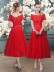 Red Tulle Lace Up Prom Party Dress Short Sleeves Tea Length Lace