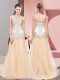 Zipper Prom Dresses Champagne for Prom and Party and Military Ball with Beading Sweep Train