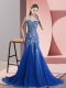 Royal Blue Mermaid Beading and Appliques Evening Dress Backless Tulle Sleeveless