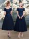 Free and Easy Navy Blue Zipper Prom Dress Lace Short Sleeves Tea Length