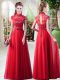 Fancy High-neck Cap Sleeves Prom Dresses Floor Length Appliques Red Tulle