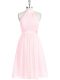 Baby Pink Prom Party Dress Prom and Party and Military Ball with Ruching and Belt Halter Top Sleeveless Zipper