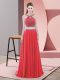 Sleeveless Chiffon Sweep Train Backless Prom Dresses in Red with Beading