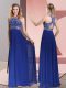 Perfect High-neck Sleeveless Homecoming Dress Sweep Train Beading and Lace Blue Satin