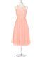 Luxurious Scoop Sleeveless Prom Gown Mini Length Lace Pink Chiffon