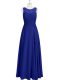Royal Blue Chiffon Zipper Scoop Sleeveless Floor Length Prom Dress Lace and Pleated