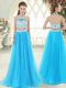 High Quality Aqua Blue Tulle Zipper Halter Top Sleeveless Floor Length Homecoming Dress Lace