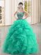 Custom Made Turquoise Organza Lace Up 15th Birthday Dress Sleeveless Floor Length Beading and Ruffles