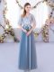 Exquisite Blue Lace Up Bridesmaid Dress Lace Half Sleeves Floor Length