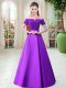 High End Purple Prom Gown Prom and Party with Belt Off The Shoulder Short Sleeves Lace Up