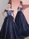 Adorable Off The Shoulder Sleeveless Dress for Prom Court Train Beading Navy Blue Tulle
