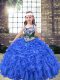 Dramatic Blue Ball Gowns Organza Straps Sleeveless Embroidery and Ruffles Floor Length Lace Up Custom Made Pageant Dress