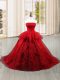 Attractive Wine Red Ball Gowns Strapless Sleeveless Tulle Brush Train Lace Up Lace and Ruffles Vestidos de Quinceanera