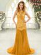Gold Backless Prom Dress Lace Sleeveless Brush Train
