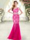 Custom Made Sleeveless Floor Length Beading and Lace Zipper Prom Gown with Hot Pink