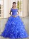 Stylish Blue Vestidos de Quinceanera Military Ball and Sweet 16 and Quinceanera with Beading and Lace and Ruffles Off The Shoulder Sleeveless Sweep Train Lace Up