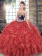 Graceful Lace Up Vestidos de Quinceanera Red for Military Ball and Sweet 16 and Quinceanera with Embroidery and Ruffles Sweep Train