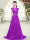 Hot Selling Purple Zipper Scoop Lace and Appliques and Pick Ups Prom Evening Gown Tulle Cap Sleeves Sweep Train