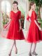Elegant Red A-line V-neck Half Sleeves Tulle Knee Length Lace Up Beading and Appliques Prom Gown