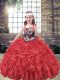 Dramatic Red Ball Gowns Organza Straps Sleeveless Embroidery and Ruffles Floor Length Lace Up Kids Pageant Dress