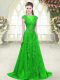 Green Tulle Zipper Scoop Cap Sleeves Prom Party Dress Beading and Lace and Pick Ups
