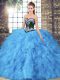Baby Blue Tulle Lace Up Sweetheart Sleeveless Floor Length Sweet 16 Dress Beading and Embroidery