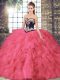 Sophisticated Sweetheart Sleeveless 15 Quinceanera Dress Floor Length Beading and Embroidery Hot Pink Tulle