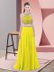 Fashion Yellow Sleeveless Chiffon Sweep Train Backless Prom Gown for Prom and Party