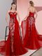 Red Empire Satin Spaghetti Straps Sleeveless Beading and Lace Lace Up Homecoming Dress Sweep Train