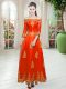 Orange Red Tulle Lace Up Prom Dress 3 4 Length Sleeve Floor Length Lace