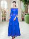 Royal Blue Off The Shoulder Neckline Lace Prom Dress 3 4 Length Sleeve Lace Up