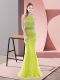 Shining Tulle High-neck Sleeveless Sweep Train Backless Beading Dress for Prom in Yellow Green