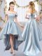 Sweet Light Blue Satin Lace Up Off The Shoulder Sleeveless High Low Bridesmaid Dress Appliques