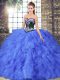 Hot Sale Sleeveless Tulle Floor Length Lace Up 15 Quinceanera Dress in Blue with Beading and Embroidery