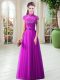 Traditional Purple A-line High-neck Cap Sleeves Tulle Floor Length Lace Up Appliques and Belt Evening Outfits