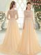 Eye-catching Scoop 3 4 Length Sleeve Prom Gown Sweep Train Beading Champagne Tulle