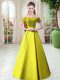 Affordable Yellow Green Off The Shoulder Lace Up Belt Prom Dress Short Sleeves