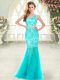 Designer Floor Length Aqua Blue Homecoming Dress Tulle Sleeveless Beading and Lace
