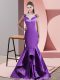 Sleeveless Satin Sweep Train Side Zipper Prom Evening Gown in Eggplant Purple with Appliques