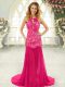 Deluxe Hot Pink Mermaid Scoop Sleeveless Chiffon Brush Train Backless Lace Prom Party Dress