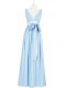 Beauteous Sleeveless Floor Length Ruching and Bowknot Backless Dress for Prom with Baby Blue