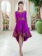 Exceptional High Low Purple Prom Gown Satin Long Sleeves Embroidery