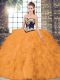 Floor Length Orange Sweet 16 Dresses Organza Sleeveless Beading and Embroidery